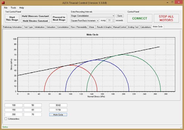 SOIL TRIAXIAL SOFTWARE : Mohr Circle Tab Mohr Circle The software allows the user to combine and compare tests from different samples together