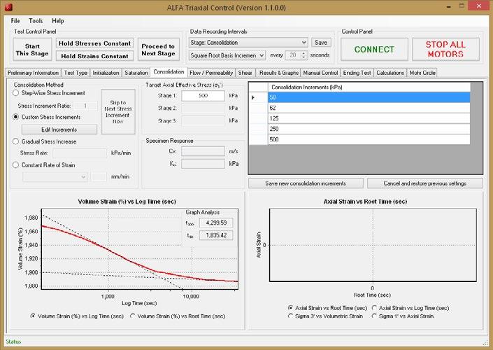 SOIL TRIAXIAL SOFTWARE : Consolidation Tab Consolidation Method: Gives the ability to select which method to follow in order to consolidate the sample.