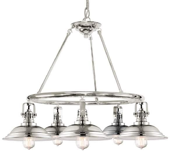 T HE BOWERY Five Lamp Chandelier 32"D 24-3/8"H Metal Shade 5 60W Medium Base 10526 (Burnished Bronze) 10525 (Polished