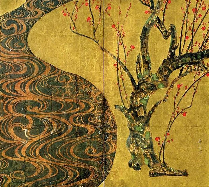 Right side, red blossoms (detail), Ogata Kōrin, Red and White Plum Blossoms, Edo period, 18th century, pair of two-fold screens, color and gold leaf on paper, 156 172.