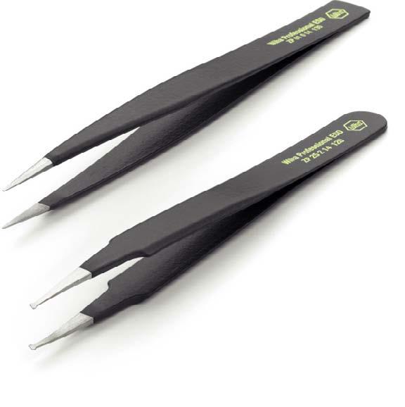 ESD coating Depending on the application situation, the tweezers have extra fine, strong or extremely rugged tips Optimised spring tension and precise symmetry for a firm, secure