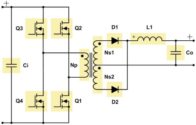 Full-Bridge Recommended for 4W to 1kW+ output 8 Components Double ended (symmetric) 4 Switching states