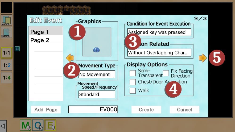 THE EVENT EDITOR PAGE 2 1. Graphics The event s graphic to be displayed. 2. Movement Type This checks how the event will move. Movement Speed/ Frequency Determines fast the event s movement. 3.
