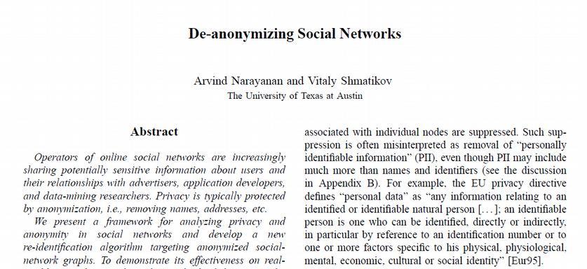 Let's take one example: Anonymity 2) Link two records within a dataset (or datasets) take two graphs representing social networks