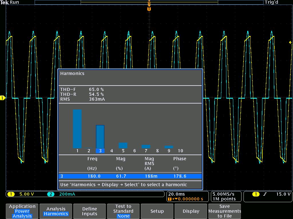 Power Analysis Application Module -- DPO4PWR MDO3PWR Current harmonics Because a switching power supply presents a nonlinear load to the power line, the input voltage and current waveforms are not