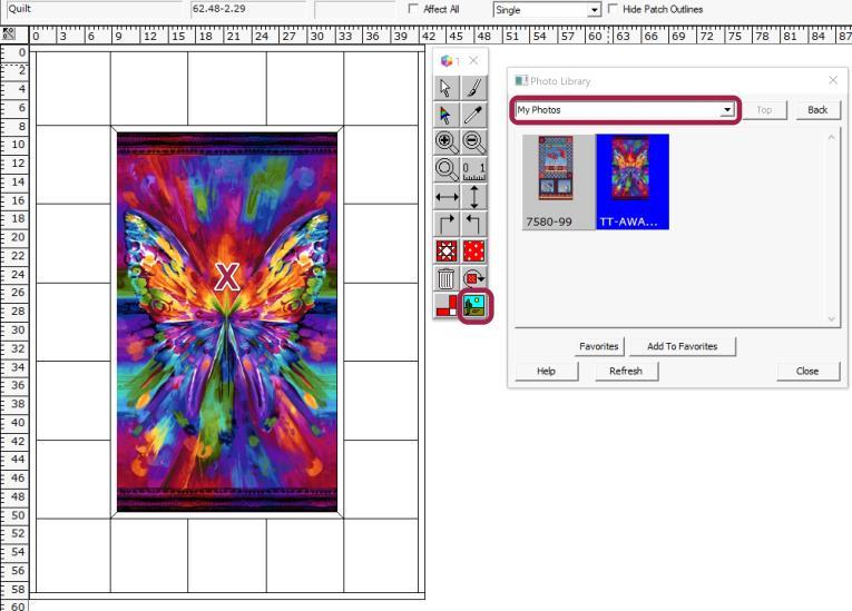 QP6 Lessons posted Page 6 As you will recall on page 2, we downloaded the Abstract Butterfly panel image and saved it to: Documents\Quilt-Pro\Photos. Click on the Photo icon on the toolbar.