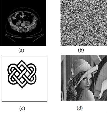 Fig. 10: esults of encryption of image and embedding of watermark (a) Contrast enhanced Image (b)pre-encrypted Image (c) Watermark to be embedded (d) After meaningful encryption and
