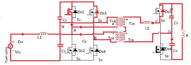 6) Stage 6: S 1 is turned off.l 2 begins to resonate with the stray capacitors C S1 and C S2.C S1 is charged from 0 V, and C S2 is discharged from 2V FC.