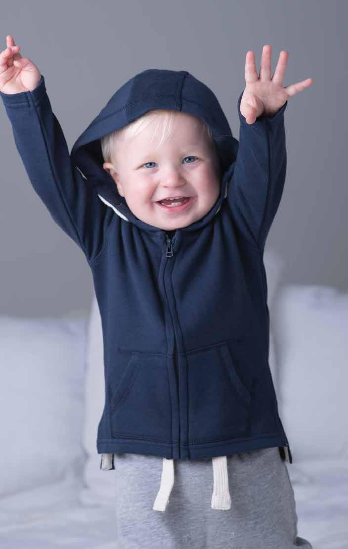 BZ32 Baby Hoodie Single layer 3 piece hood / Kangaroo pockets with extended stitch detail / Straight hem with drop tail / Natural herringbone tape at inside neck and side vents / Straight