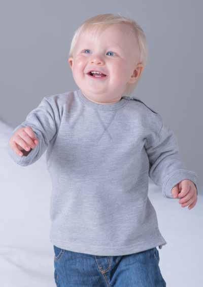 250gsm Sizes (Months): 6 12, 12 18, 18 24, (Years): 2 3 BZ31 Baby Sweatshirt Flat seam X at front neck / 1x1 rib neck and comfort cuffs / 2 self-coloured poppers at side neck / Drop tail with