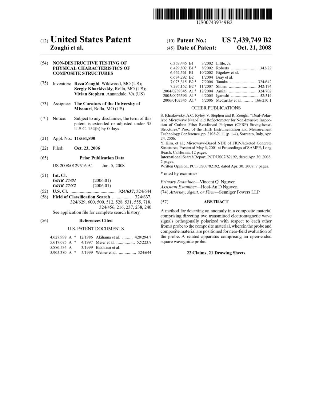 US007439749B2 (12) United States Patent Zoughi et al. (io) Patent No.: US 7,439,749 B2 (45) Date of Patent: Oct.