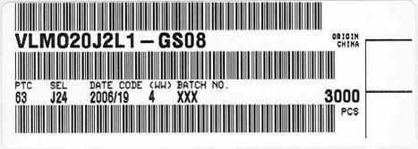 BAR CODE PRODUCT LABEL (example) A 106 VISHAY B C D E F G 20146 A. Type of component B. Manufacturing plant C. SEL - selection code (bin): e.g.: J2 = code for luminous intensity group 4 = code for color group D.