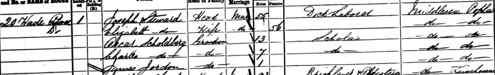 Joseph and Elizabeth Steward s 1881 Census Record Poplar, England County Record Group Folio Page Enumeration District Enumeration Date Middlesex RG11/508 11 April 3, 1881 Civil Parish (or Township)