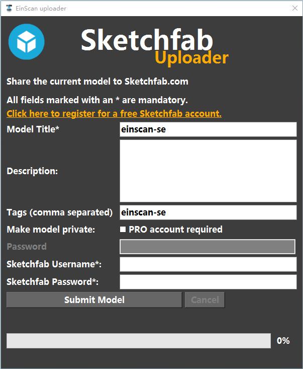 Auto Scan You can share your model to Sketchfab, while model title, username and user password are required. Register an account and look at the shared model at http://sketchfab.com.
