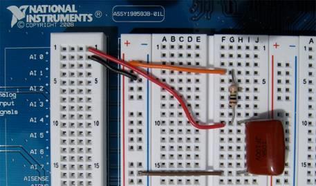 Page 6 of 19 5. Select DMM[V] and click on RUN. Figure 5. RC Transient Circuit 6. When you power up the protoboard, the voltage across the capacitor rises exponentially.
