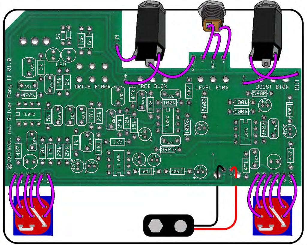 Step 8: Insert the foot switch wires into their respective eyelets on the PCB. You can insert them into the top side and solder on the top side as well.