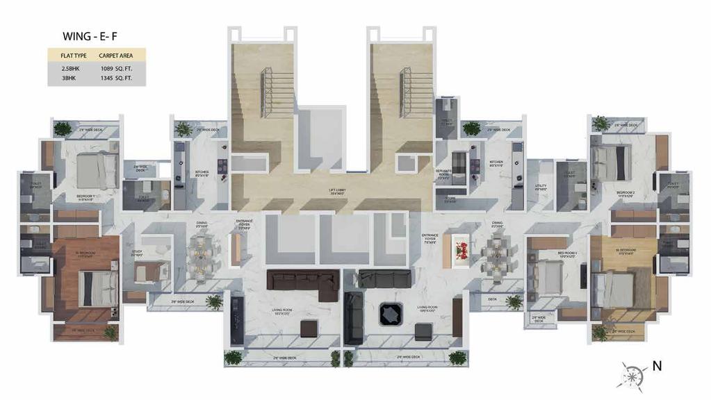 Wing -E & F FLAT TYPE 2.5BHK 3 BHK CARPET AREA 1083Sq.Ft. 1337Sq.Ft. Disclaimer: Floor plan is for marketing purpose and is to be used as a guide only.