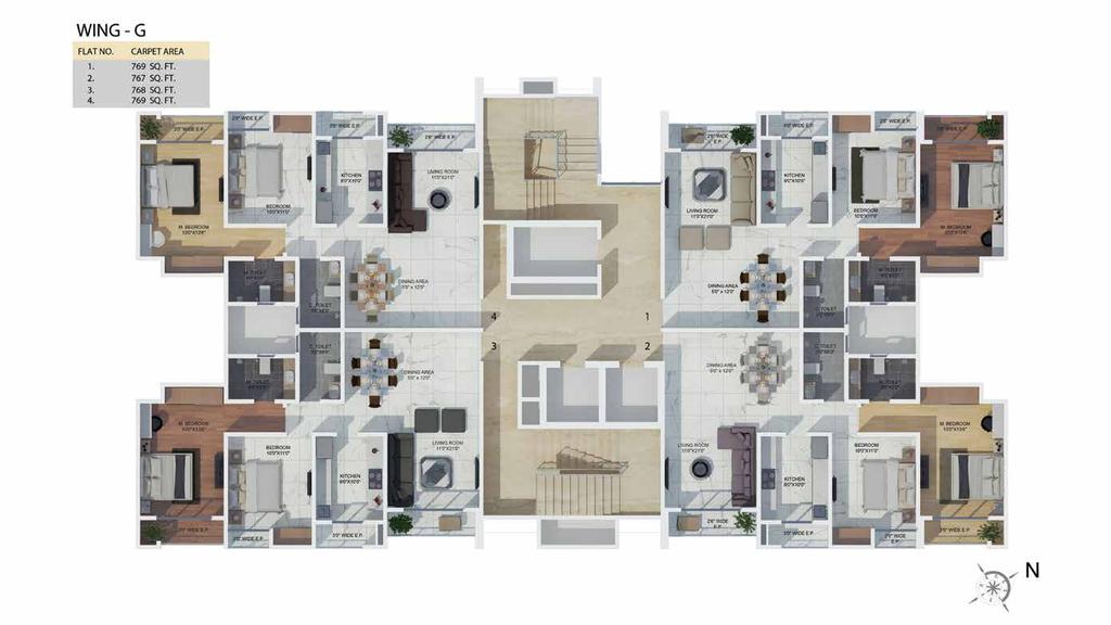 Wing -G & H FLAT NO. 2 BHK 2 BHK 2 BHK 2 BHK CARPET AREA 759 Sq.Ft. 758 Sq.Ft. 759 Sq.Ft. 759 Sq.Ft. Disclaimer: Floor plan is for marketing purpose and is to be used as a guide only.