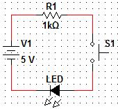 Figure 2: Simple circuit schematic using switch to turn on/off LED Figure 3: Simple circuit using pushbutton to turn on/off LED - Turn the power supply on.
