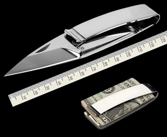 3-7/16 long x 2-1/8 wide folded 5-5/8 long x 1-3/8 wide with knife out Part Number: E-WSC16 Description: Money Clip pocket knife is made from 440C Stainless Steel