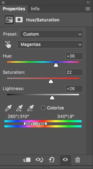 e) Move the Hue and Saturation sliders back to zero and it will look like no changes were made, but you now have the reds isolated.