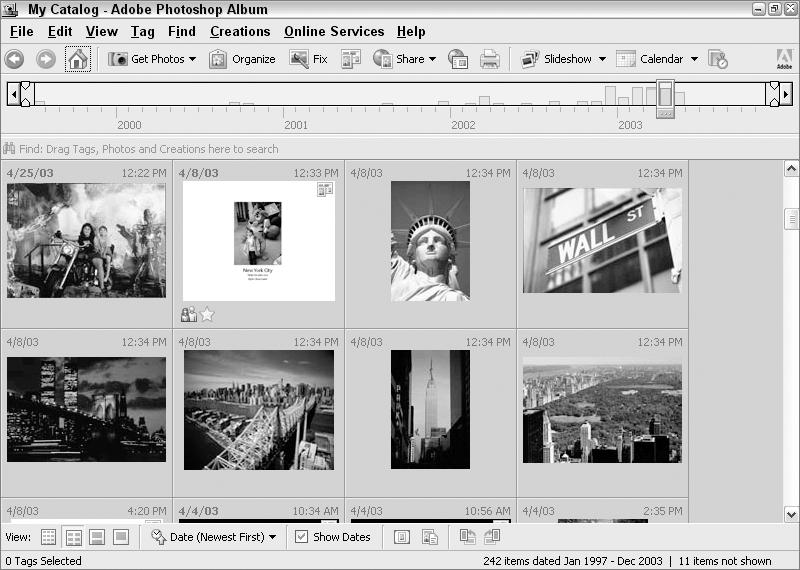 d542125 Ch01.qxd 7/7/03 8:37 AM Page 11 Chapter 1: Introducing Album 11 Figure 1-2: Album allows you to see all of your images in one organized location.