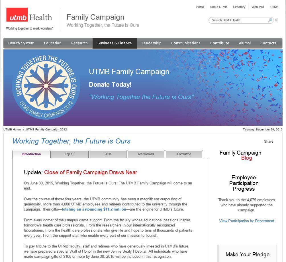 Family Campaign Working Together The Future is Ours Examples - exceeding donor expectations: Family Campaign Website Day to day update on