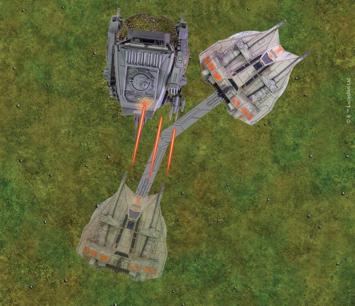 The T-47 Airspeeder fires at the AT-ST, then races past it, forcing it to pivot to return fire.