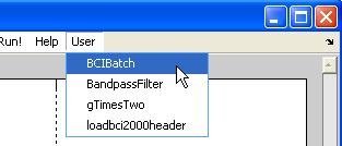 Confirm the settings by pressing OK. Now the User menu of g.bsanalyze is populated and contains the BCIBatch. Select the BCIBatch to automatically process the data.