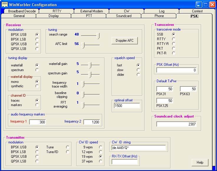 PSK Settings The PSK tab of WinWarbler's Configuration window contains four panels that control PSK31, PSK63, and PSK125 mode operation.