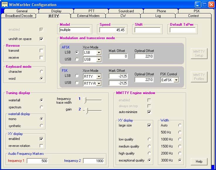 Soundcard RTTY Settings The RTTY tab provides settings that control operation when WinWarbler is sending and receiving RTTY via the soundcard using the MMTTY RTTY engine.
