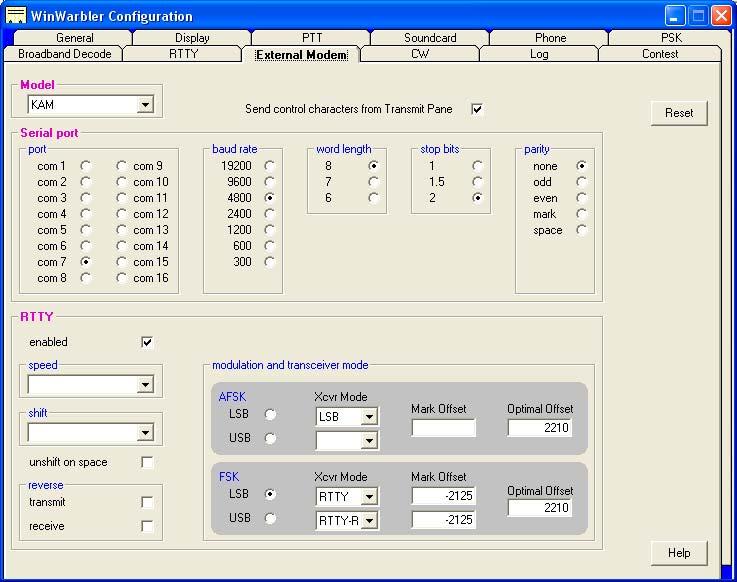 External Modem Settings The External Modem tab provides settings that control operation when WinWarbler is sending and receiving RTTY or CW via an external modem connected to your PC via a serial