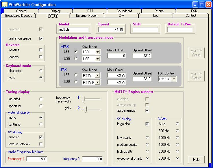 RTTY Settings The RTTY tab provides settings that control operation when WinWarbler is sending and receiving RTTY via the soundcard using the MMTTY RTTY engine.