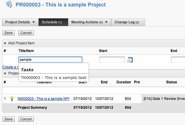 Select the project and then click the Schedule tab. Begin typing the name of the task in the Title/Item field.