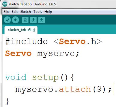 5. Our set up has one line of code, type in myservo.attach(9);.