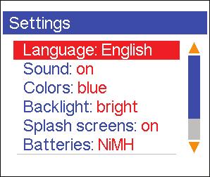 3.4. Settings menu The Settings menu (press the button in the main menu) is used to change the setting of the tester, such as interface language, keypress sounds, colors,