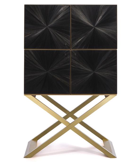 CLUB BLACK STRAW MARQUETRY Cocktail cabinet in limited edition, 100 pieces. The design of Club takes inspiration from vintage travel furniture featuring x-shaped legs.
