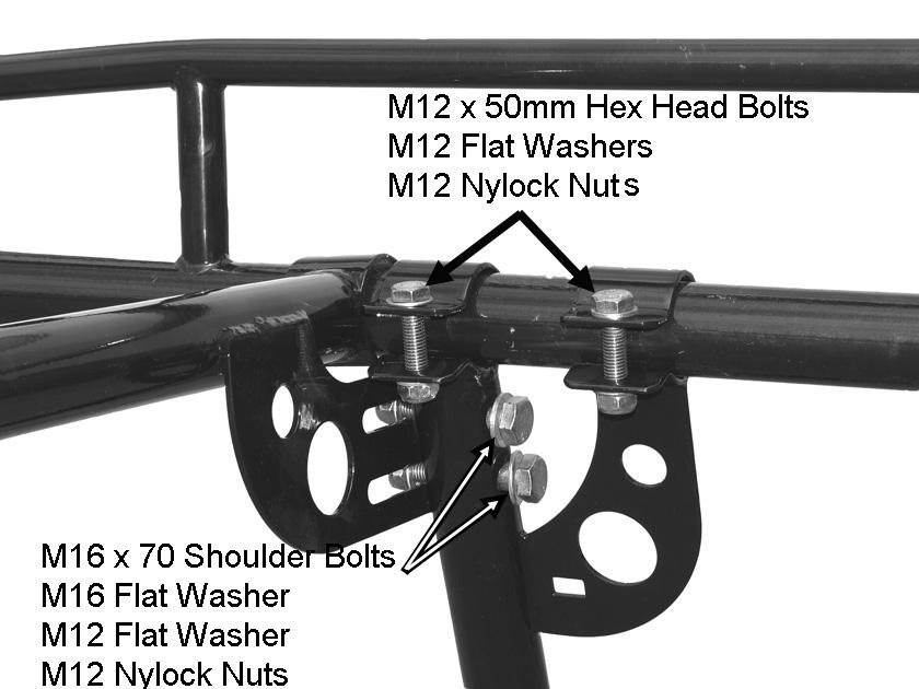Fig 7a Step Eight: Attach the gusset on the Front Cross Bar to Front Upright using (2) 16mm x 70mm Shoulder Bolts, (2) 16mm Flat Washers, (2) 12mm Flat Washers, and (2) 12mm Nylock Nuts.