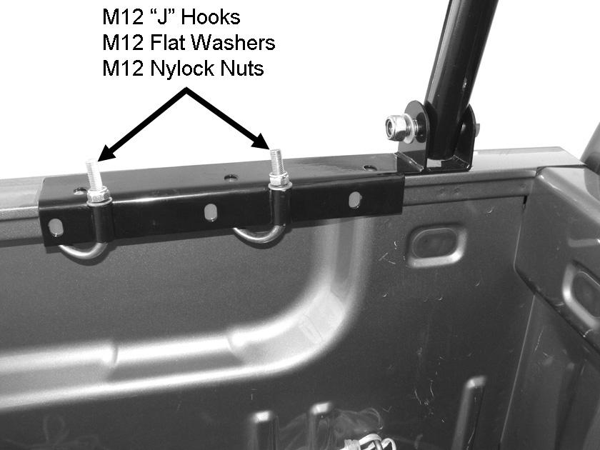 No Drill Installation 1. In order to safely attach the Contractors Rack to the truck bed, you must use (2) J Hooks per Mounting Foot to hold the Rack in place.