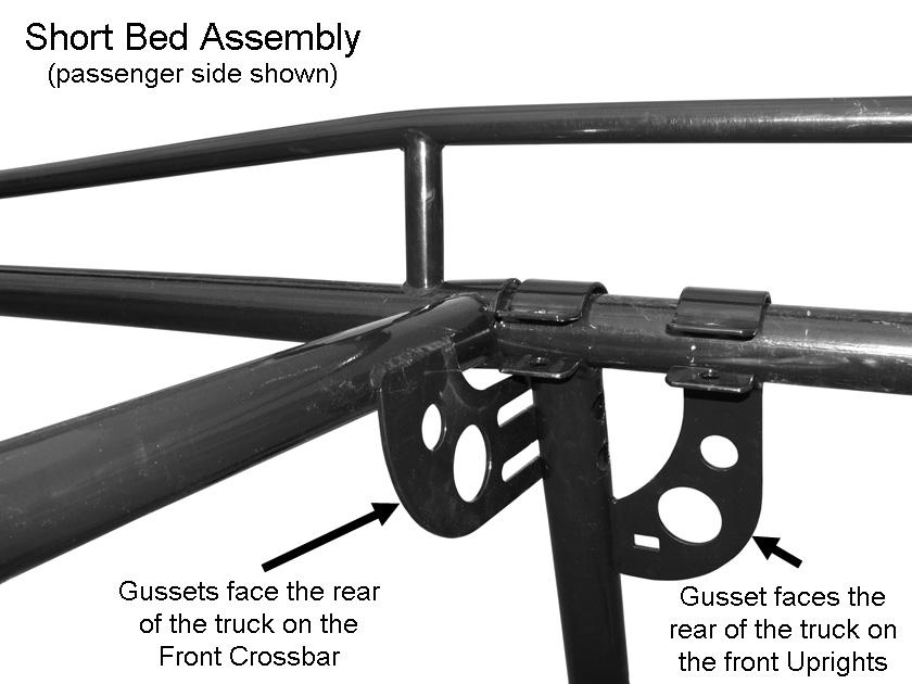 Determine whether you have long bed or a short bed truck application and slide the components onto the Side Rail as shown below. Do not tighten any hardware until directed to do so.