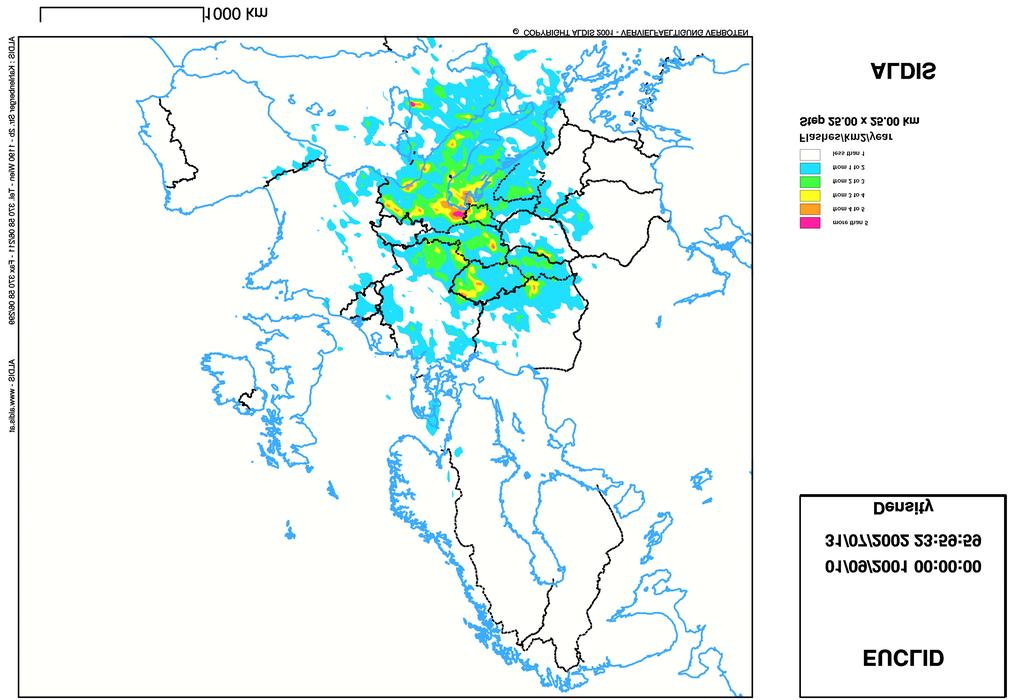 activity are visible in the lightning density map (Fig. 4). These regions are the Italian-Slovenian border south of Austria and the Italian-Swiss border.