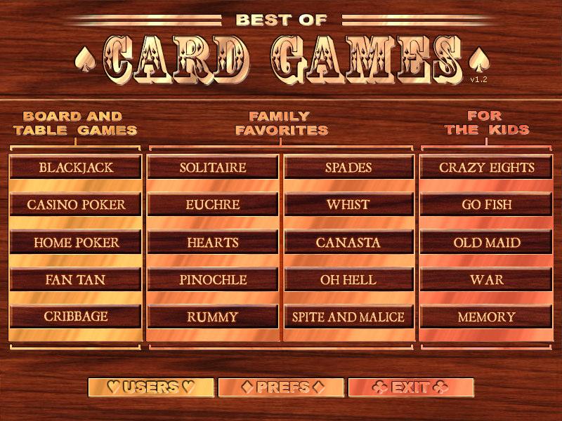 MAIN MENU & INTERFACE On the main menu of Best of Card Games, you can choose to play from 20 different card games. Each game has multiple variations to choose from.
