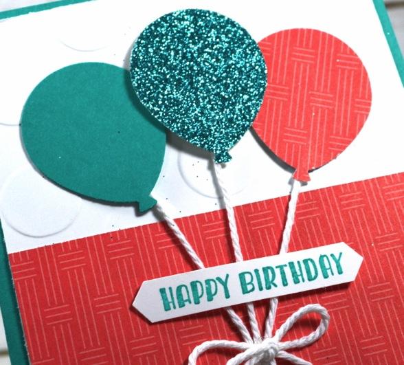 Cut Whisper White 4 X 5 ¼ and run through the Big Shot with the Jumbo Polka Dot Embossing Folder. Cut Carried Away DSP to 2 X 4 and add to the front. 2. Stamp out 3 balloons from the Balloon punch.
