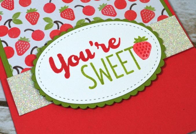 Stamps: Cool Treats Paper: Watermelon Wonder, Tasty Treats Specialty Designer Series Paper, Dazzling Diamonds Glimmer Paper, Whisper White, Pear Pizzazz Ink: Watermelon Wonder, Pear Pizzazz