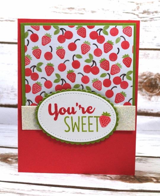 Cut Tasty Treats Specialty Designer Series Paper 3 x 3 ¾. Cut the Dazzling Diamonds Glimmer Paper 1 x 4. Layer the paper down. 2. Stamp the sentiment in Watermelon Wonder Ink and Pear Pizzazz Ink.