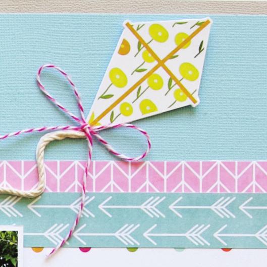 9 Fussy-cut 11 houses from One Fine Day paper. Color with watercolor paints, markers or colored pencils, as desired. Use dimensional adhesive to adhere above lower pink chevron strips as shown.