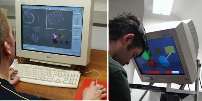 (a) Fig. 1. Combining task in (a) the WIMPs interface using 3D Studio Max TM, and (b) the Reachin Technologies developer display and PHANToM TM 6DOF haptic device.