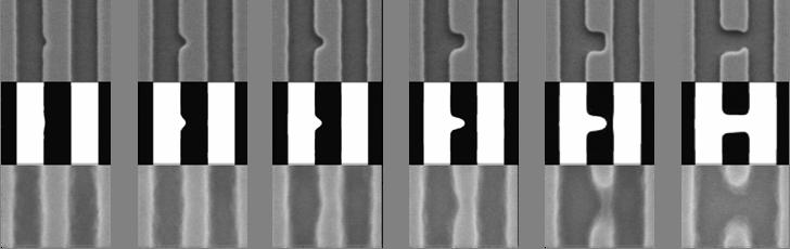Comparing Printing, Simulation Programmed bright absorber defects. 300 nm half-pitch (mask) 50-nm (5x wafer equiv.