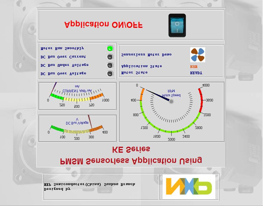 Application operation Change the required speed by clicking the green area DC Bus Voltage Current Amplitude Application State Motor State Fault Indicators Start/Stop demo Figure 20.