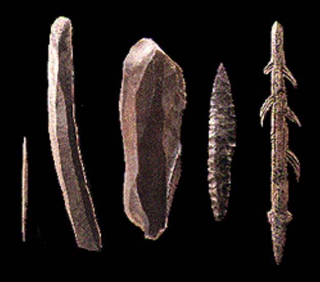 Upper Paleolithic UPPER PALEOLITHIC TOOLS (left to right): biconical bone point, Perigordian flint blade,